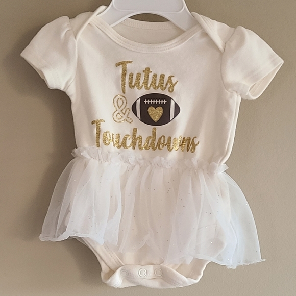 "Tutus & Touchdowns" ivory onesie/bodysuit with attached tutu - Picture 1 of 4